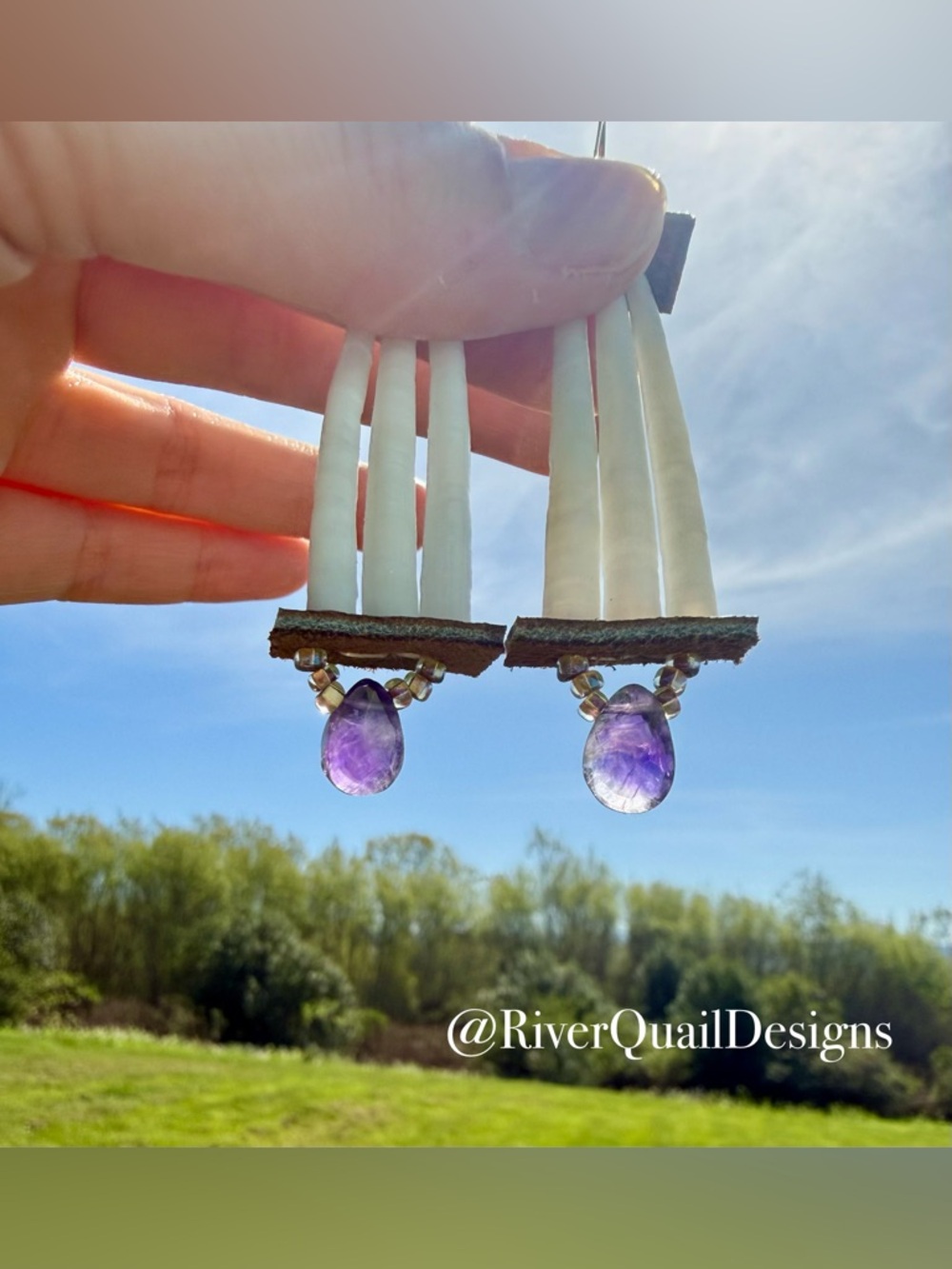 Handmade White Dentalium, Amethyst, Leather Earrings Native Made Indigenous Art - Picture 2 of 3